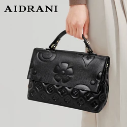 Aidrani-Bolso de mano de piel auténtica para mujer, maletín de piel de vaca 100% suave, bolso de hombro con diseño de flores