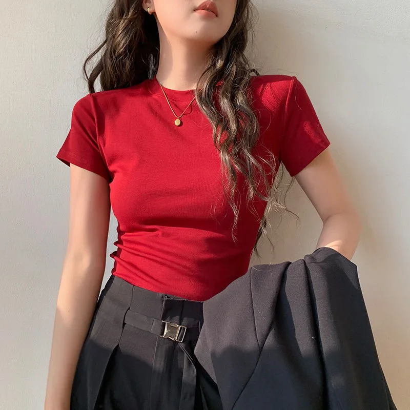 Camiseta de Manga Corta Ajustada para Mujer, Alta Elasticidad, Moldea el Cuerpo, Estilo Coreano, Color Rojo, Informal