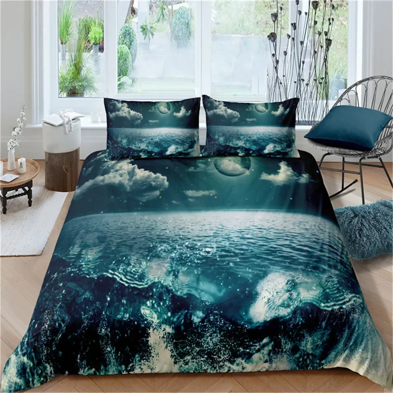 3D Ocean Waves Bedding Set Queen Size Soft Summer Sea Beach Duvet Cover Set Hawaiian Tropical Print Comforter Cover Pillowcases