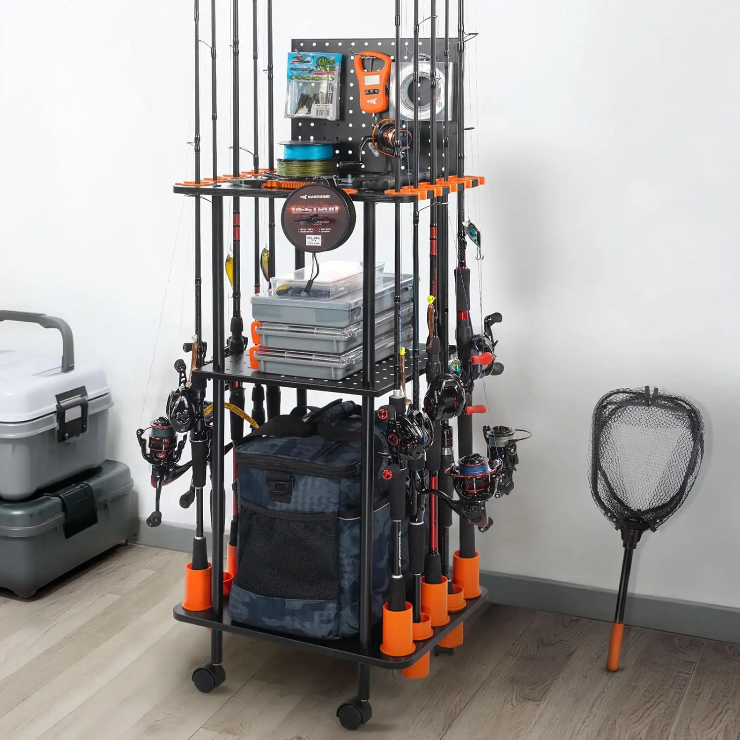 

Indoor Fishing Rod Holder for 10 Combos, Mobile Tackle Storage Cart with Locking Wheels and Built-in Line Spooler