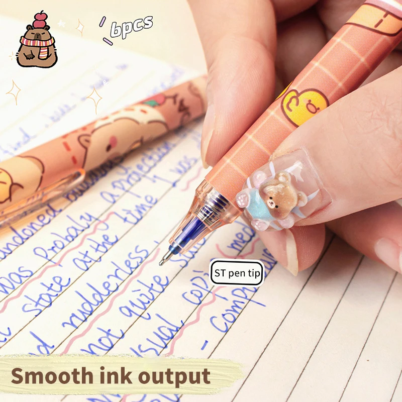 6Pcs Kawaii Capybara Gel Pen Set Black Blue Ink Quickly-Drying Cute Press Gel Pens Aesthetic Stationery School Office Supplies image 2