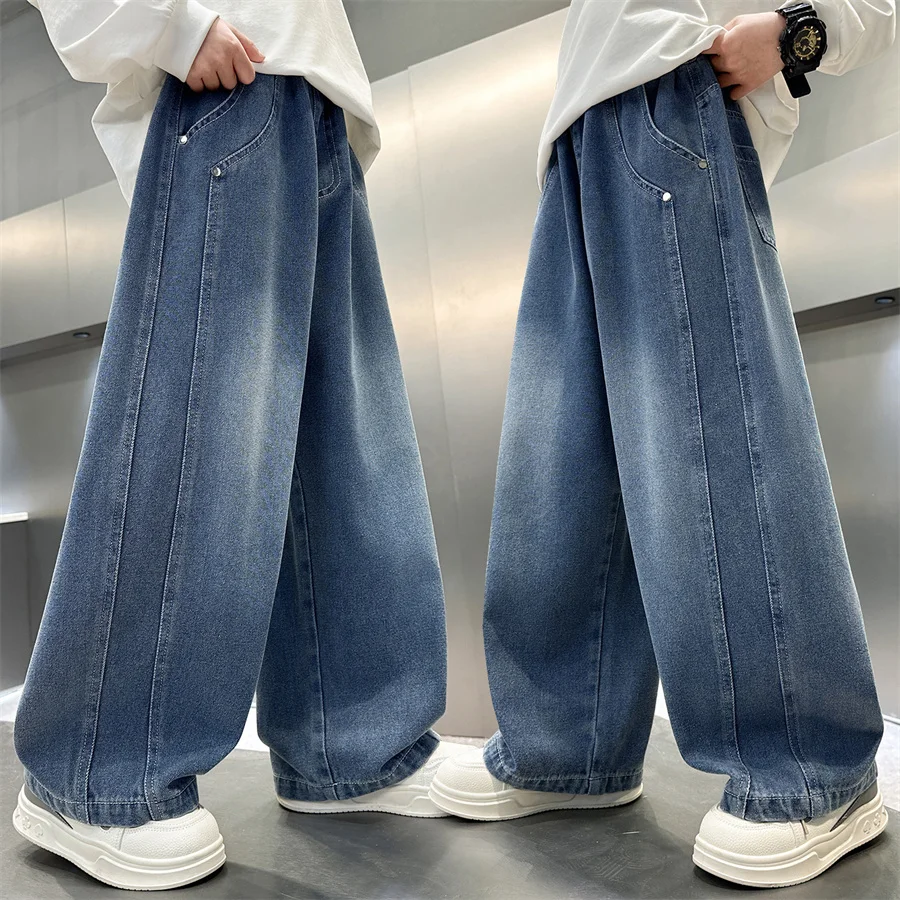 New Spring Children Loose Straight Classic Jeans For Tween Boy Fashion Blue Denim Pants Kids Stylish Trousers 5 7 8 9 11 13 14 Y