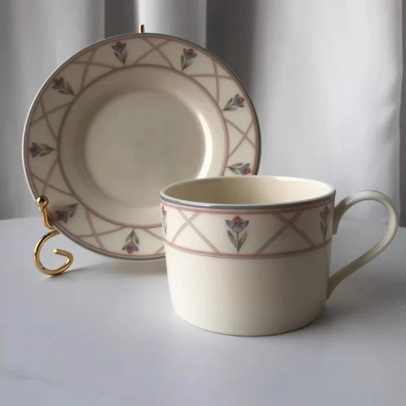 Medieval cup, milky white mug, saucer floral American retro