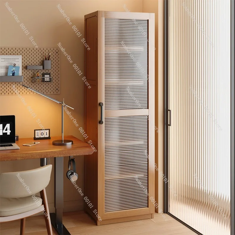 Standing Bookshelf Storage Cabinet, Simple Living Room Narrow Slot Bookcase with Door, Wall-Mounted Dustproof Storage Shelf