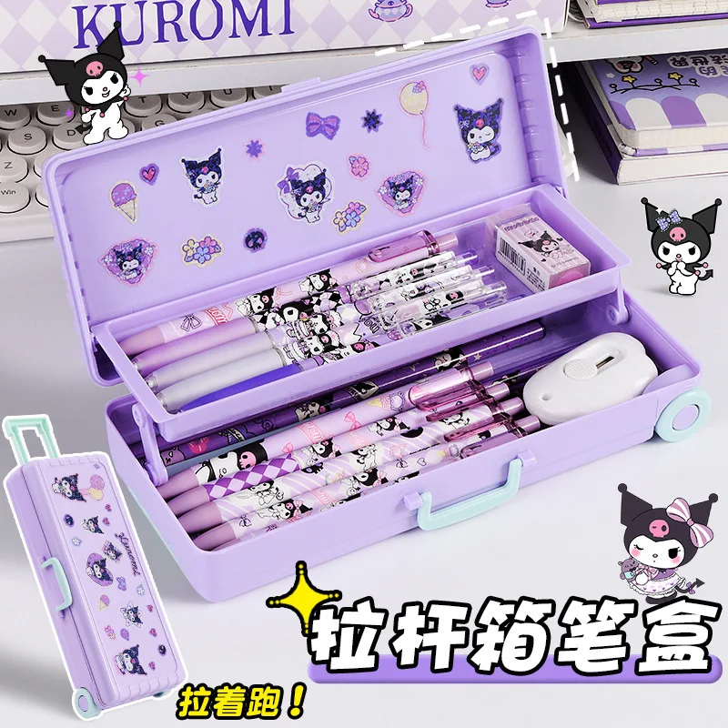 Sanrio New Student Stationery Cartoon Kuromi Trolley Box Stationery Box Large Capacity Double Folding Pencil Case Charm Gift