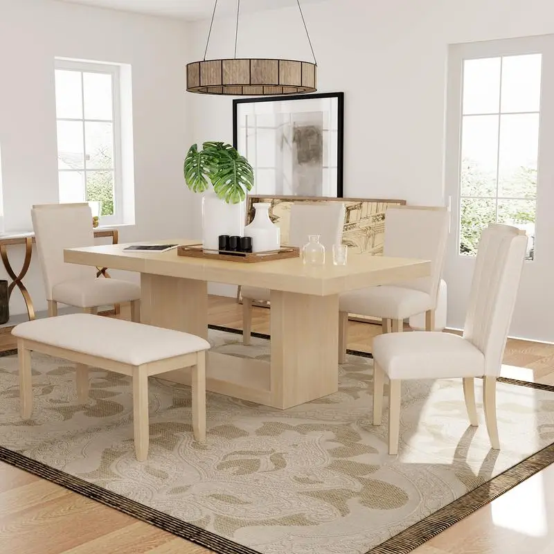 

Contemporary 6-Piece 78" Extendable Pedestal Dining Table Set with 18" Removable Leaf, Dining Bench, and 4 Upholstered Chairs