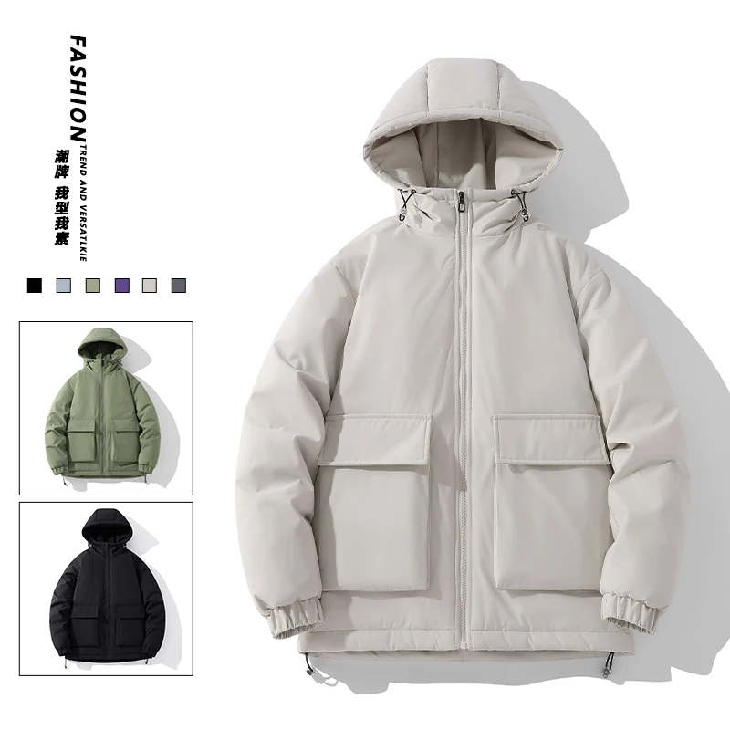 M-8XL ผู้ชาย Hooded Parkas PLUS ขนาดฤดูหนาวเครื่องมือผ้าฝ้ายเสื้อหนา WARM OVERSIZE สีทึบ Multi-Pocket แจ็คเก็ต