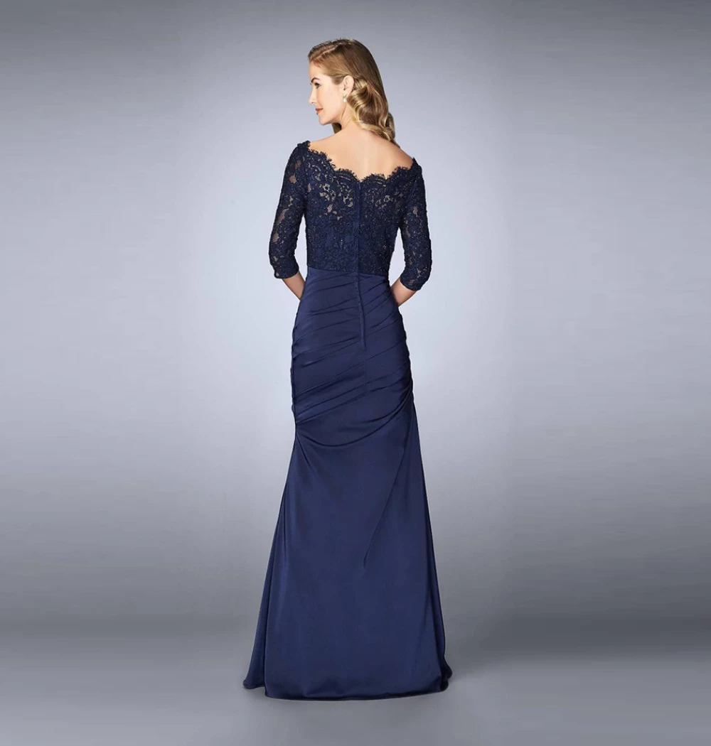 Navy Blue Mother Of The Bride Dresses Boat Neck Half Sleeve Mermaid Party Dress Lace Appliques Pleat Satin Prom Gown