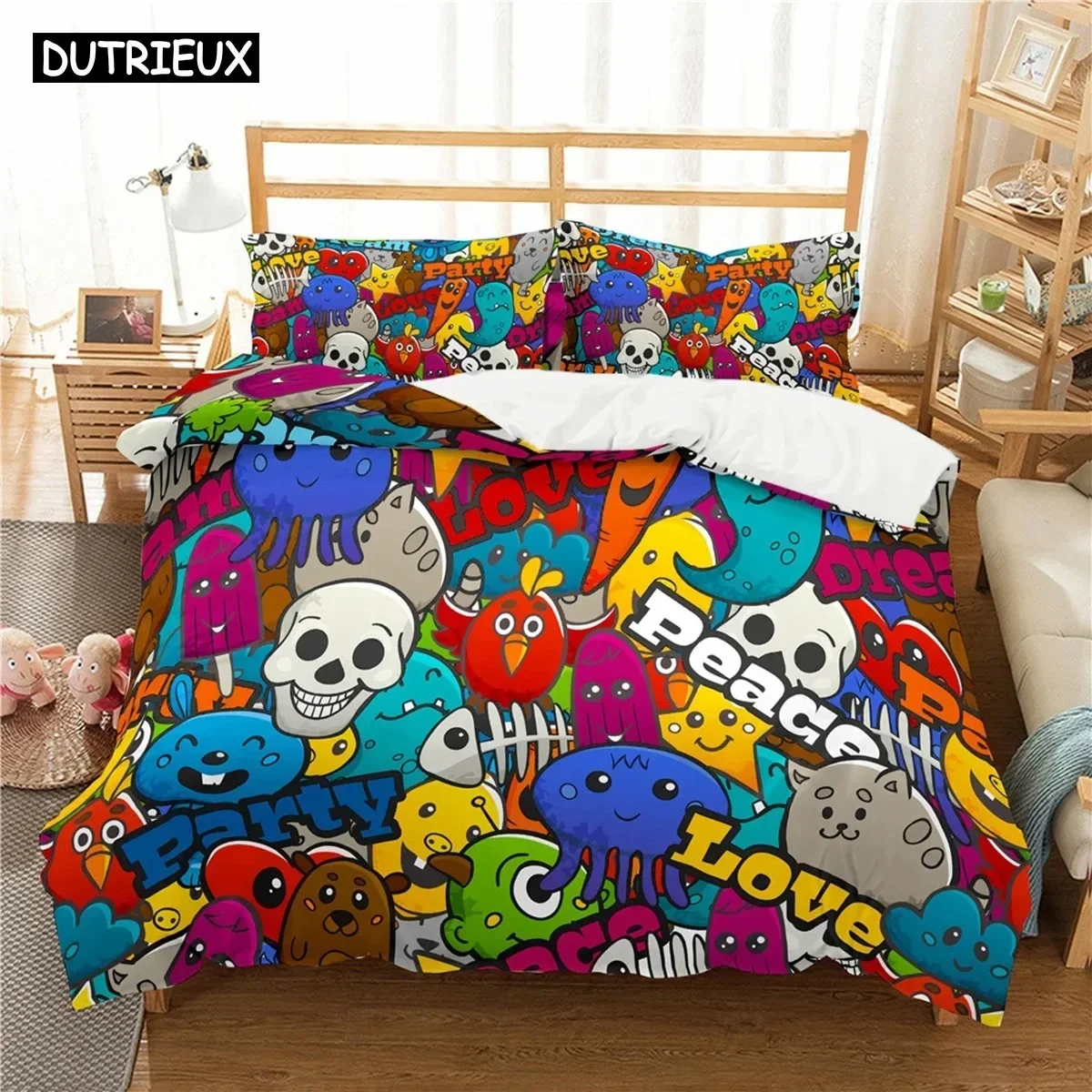 Cartoon Graffiti Print Polyester Bedding Sets Child Kids Covers Boys Bed Linen Set For Teens King Size Bedding Set