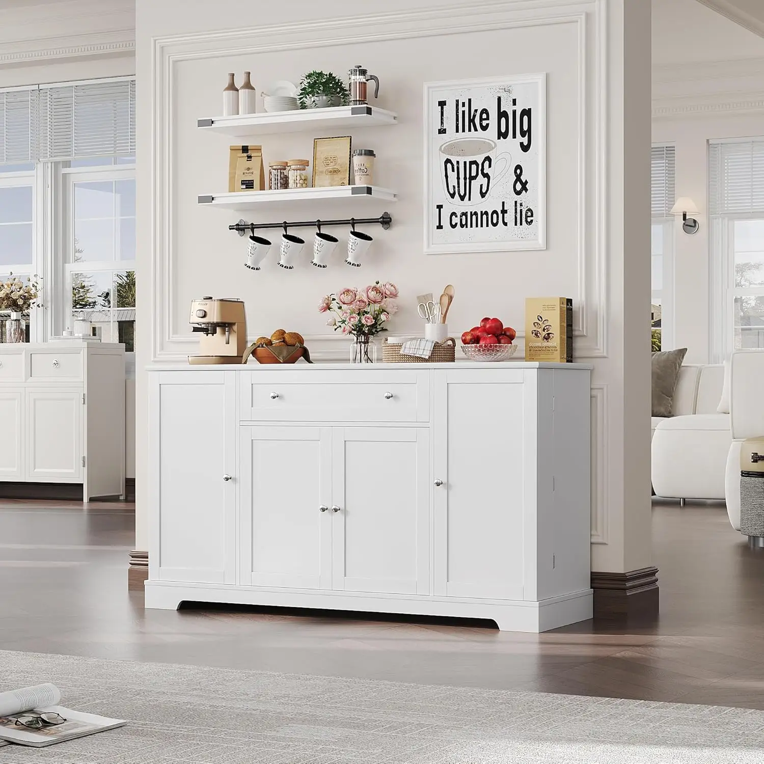 54" Buffet Cabinet with Storage, Modern Kitchen Buffet Sideboard ,Wood Coffee Bar Cabinet with Adjustable Shelves,White