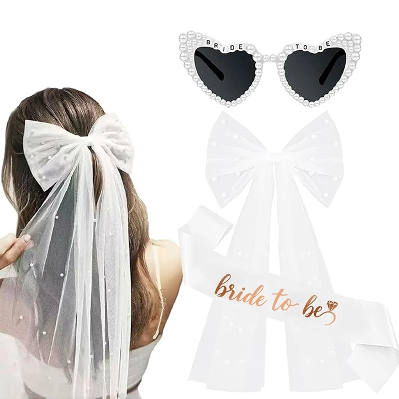 

Bride To Be Pearl Heart Sunglasses & Bow Veil & Sash Wedding Bachelorette Party Decoration Bridal Shower Accessories Photo Props