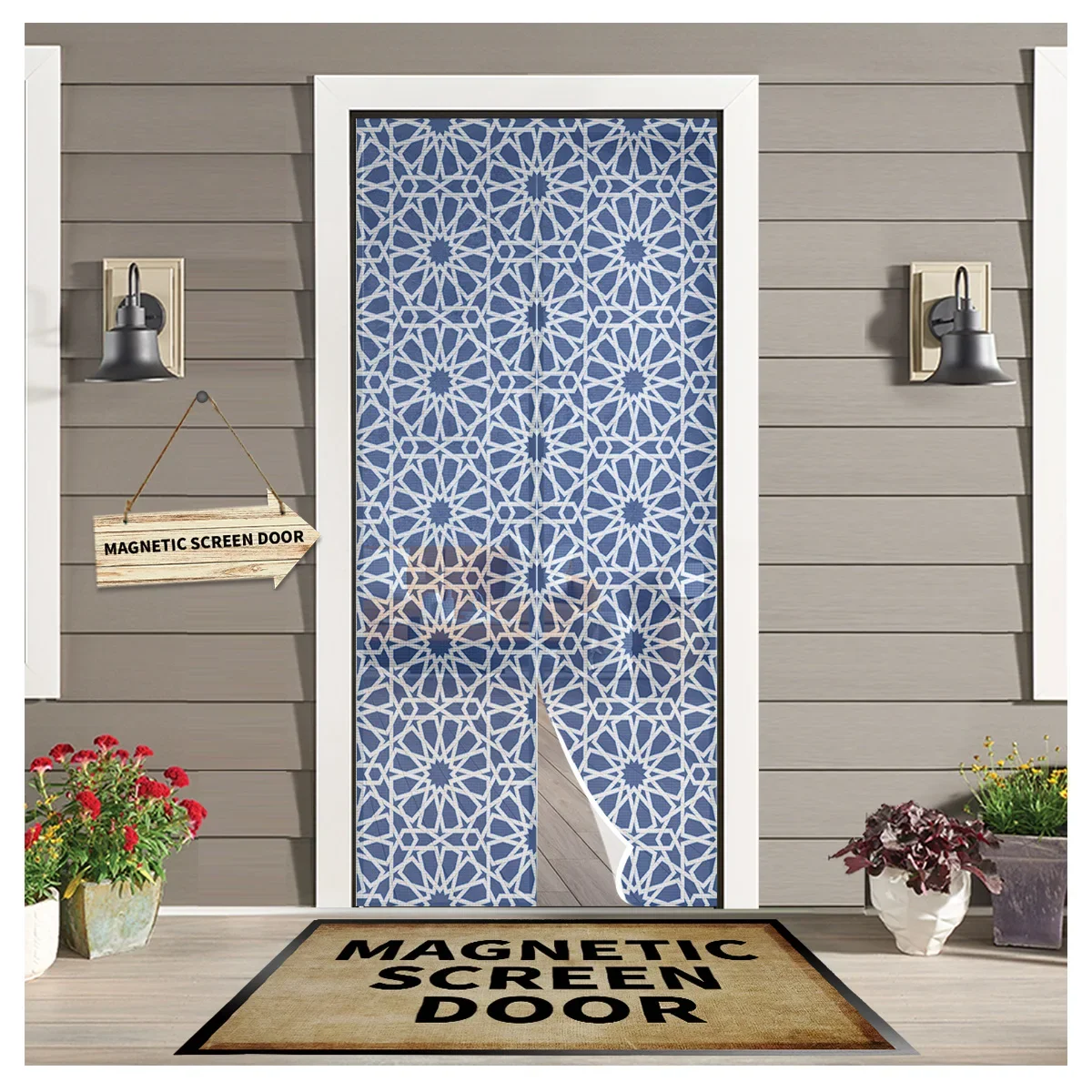 Abstract Geometric Pattern Indigo Summer Magnetic Mesh Mosquito Screen Door Curtain Anti-Mosquito Net Fly Insect Screen