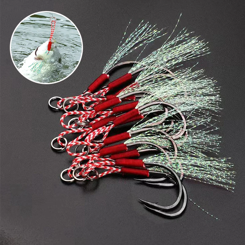 10PCS/Lot Carbon Steel Cast Jig Assist Fishing Hooks Thread Feather Lure Fishing Tackle Slow Jigging Head Hook Lure Accessories