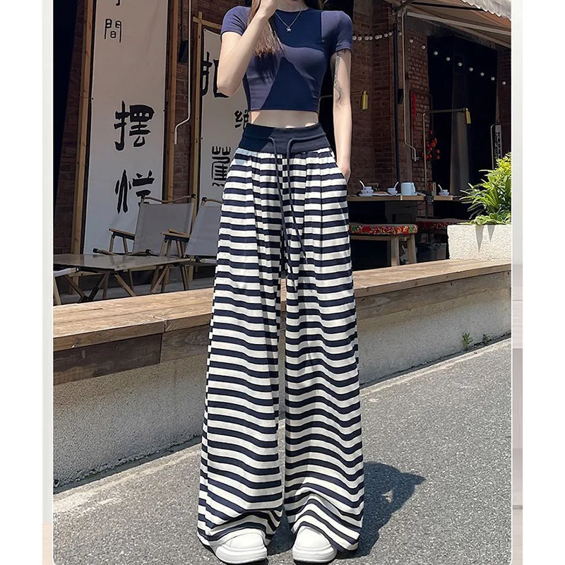 Women's Striped Casual Pants  Summer New High‑Waisted Wide‑Leg Trousers   Stylish And Versatile Relaxed‑Fit Slimming Long Pant
