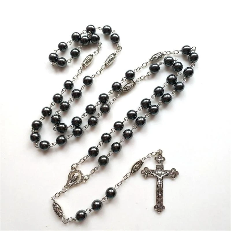Catholic Hematite Stone Rosary Necklaces Crucifix Prayer Necklaces Pendant Religious Jewelry for Women Men Fashion