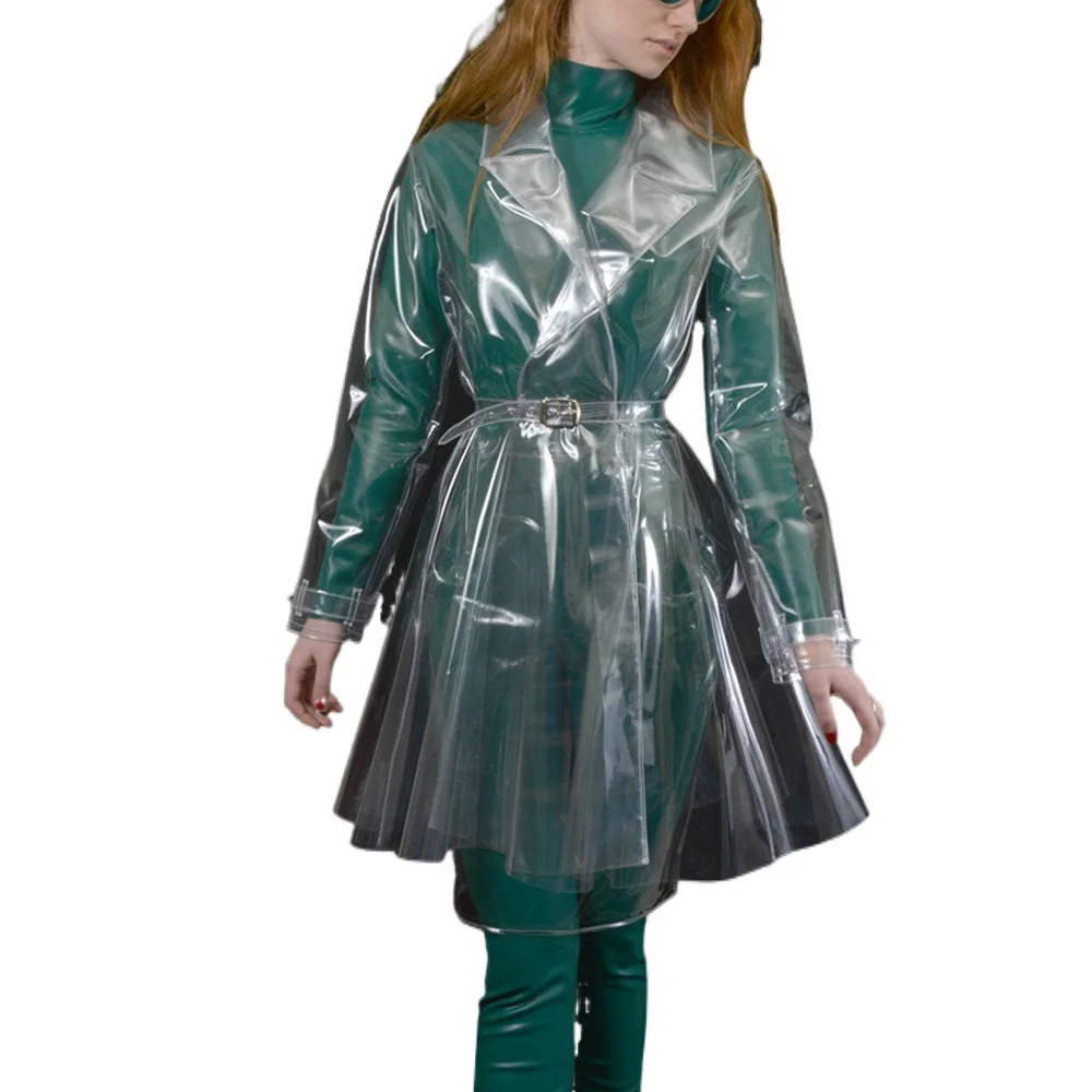 Fetish Plastic Trench Coat for Women, Clear PVC, Lapel Neck, Long Sleeve, Belted Jacket, Vinyl Raincoat, Fashion, Fetish