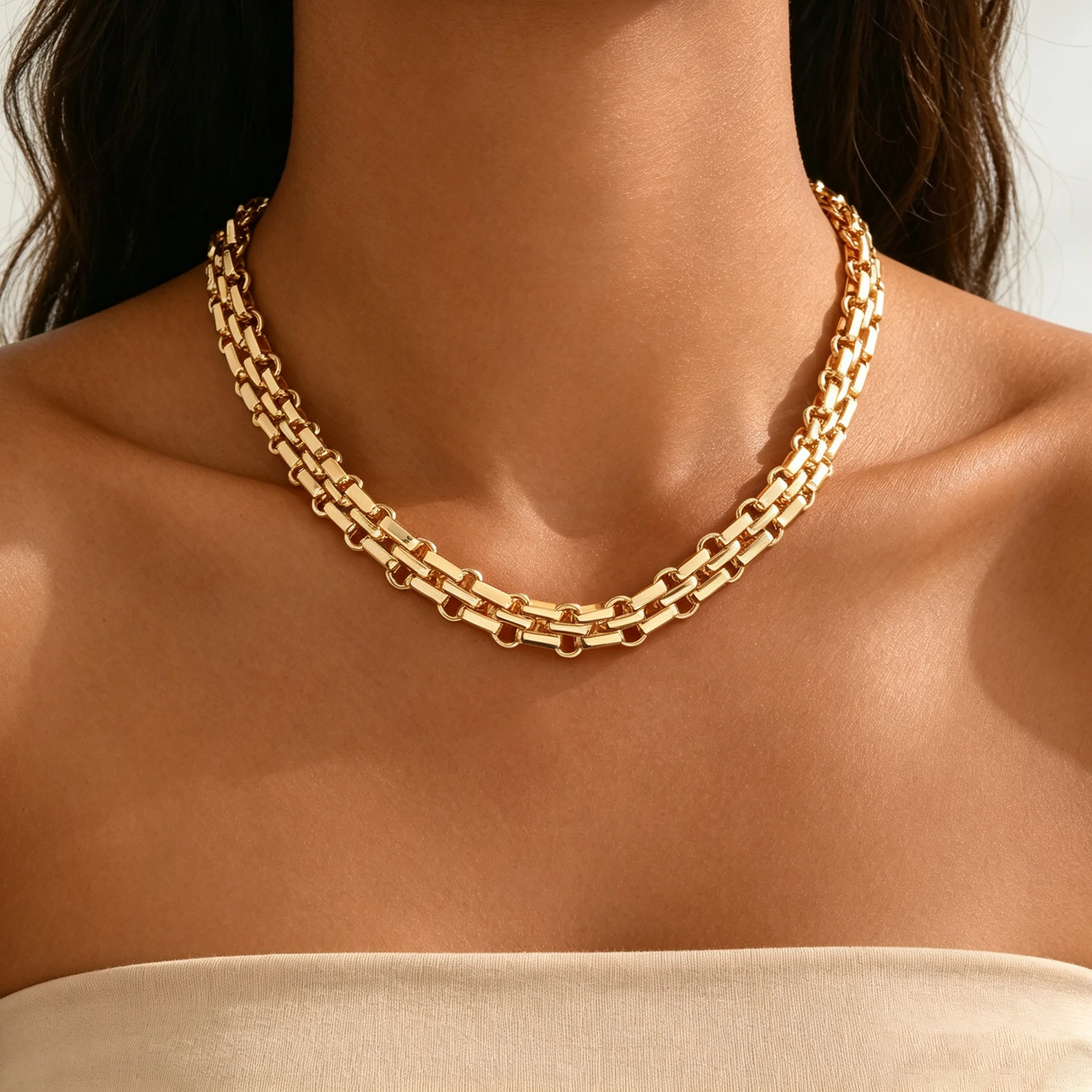 Women Gold Tone Chunky Box Link Choker Necklace Minimalist Rectangle Chain Clavicle Neck Jewelry Daily Party Gift