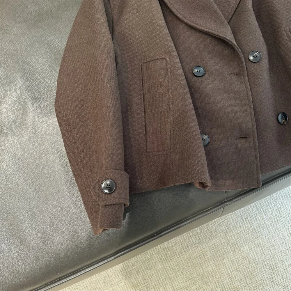 European and American style women's new button up lapel long sleeved double breasted short coat jacket