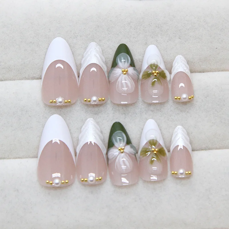 24pcs Press On Acyrlic Nails White Green French False Nails 3D Ripple Flower Decor Long Almond y2k Diamond Fake Nails Wearable