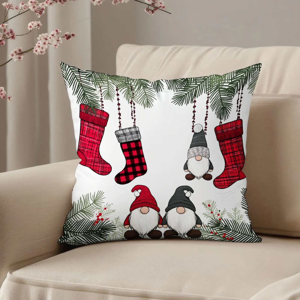 Square Throw Pillow Case White Christmas Gnomes And Plaid Stockings Hanging From Pine Branches Print For Living Room Sofa Bedroo