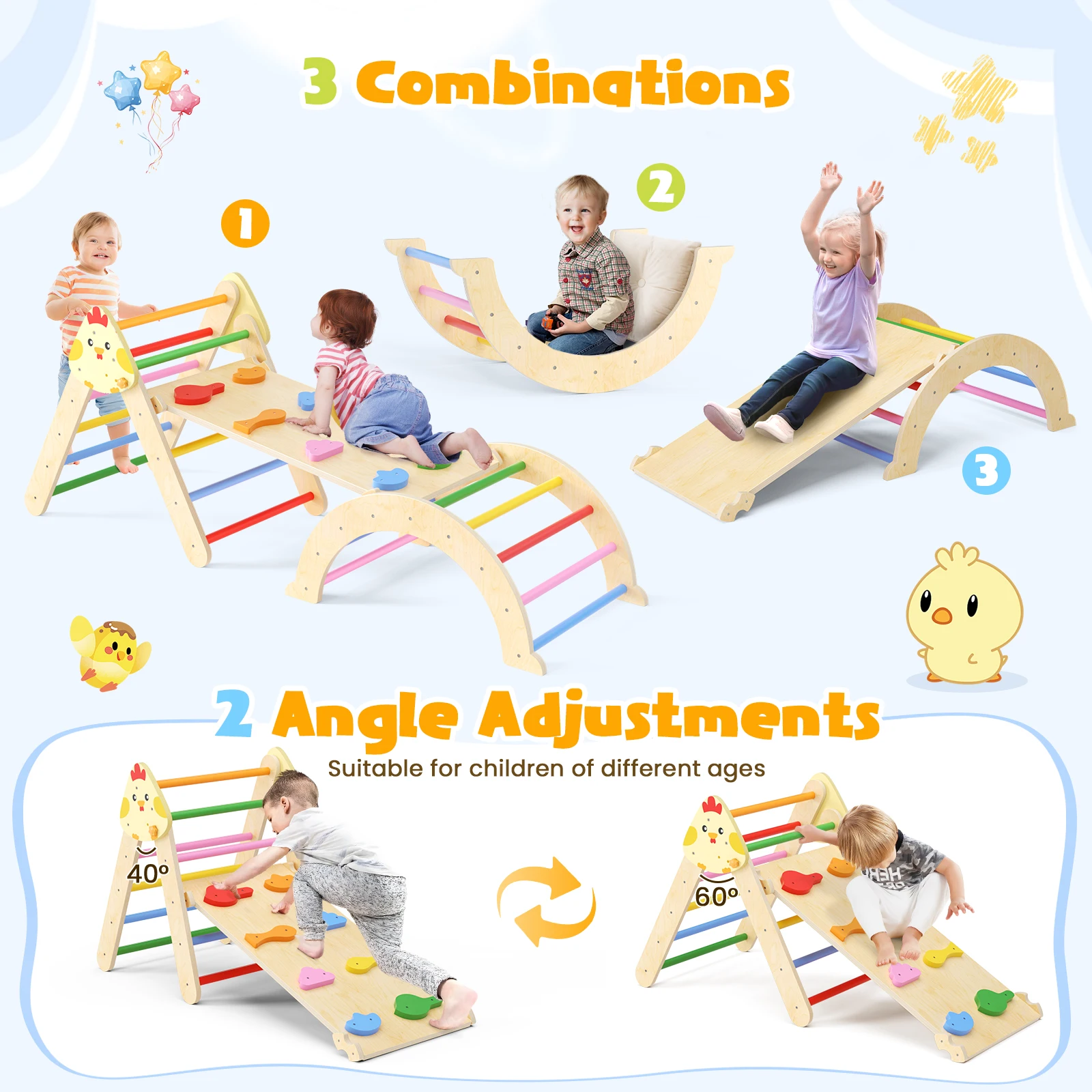 إطار تسلق للأطفال الصغار 7 في 1، ملعب داخلي، صالة الألعاب الرياضية، شريحة خشبية لتدريب الأطفال