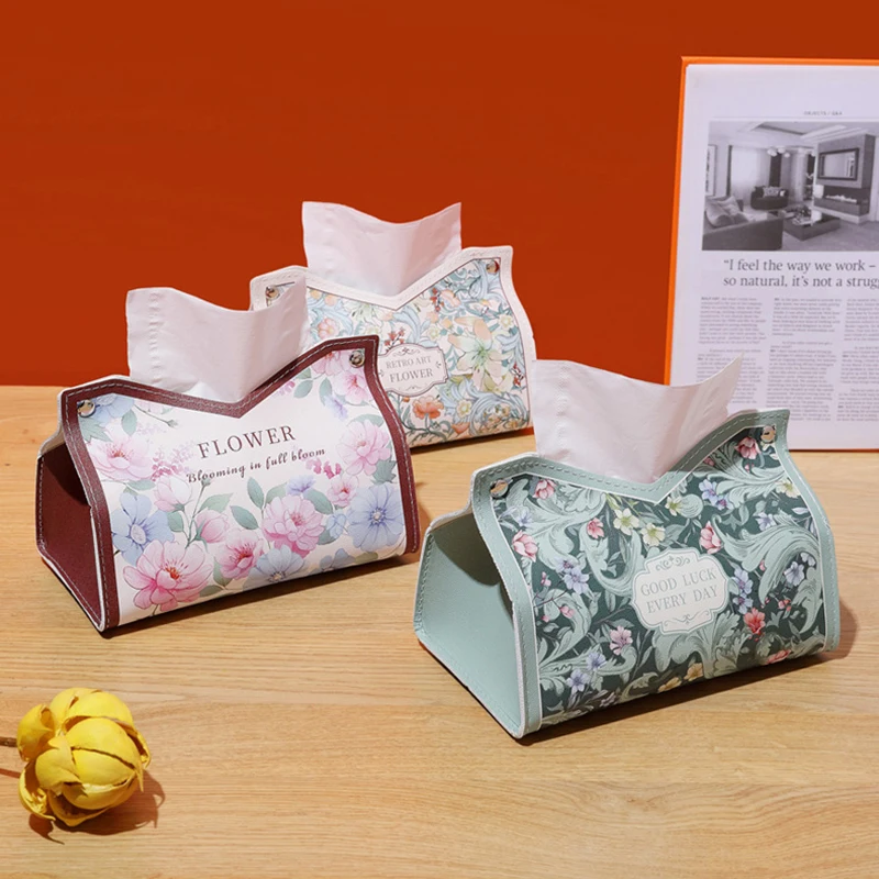 Fashion Oil Painting Leather Tissue Box Car Interior Pull-down Pocket Tissue Storage Box Multi-functional Paper Holder