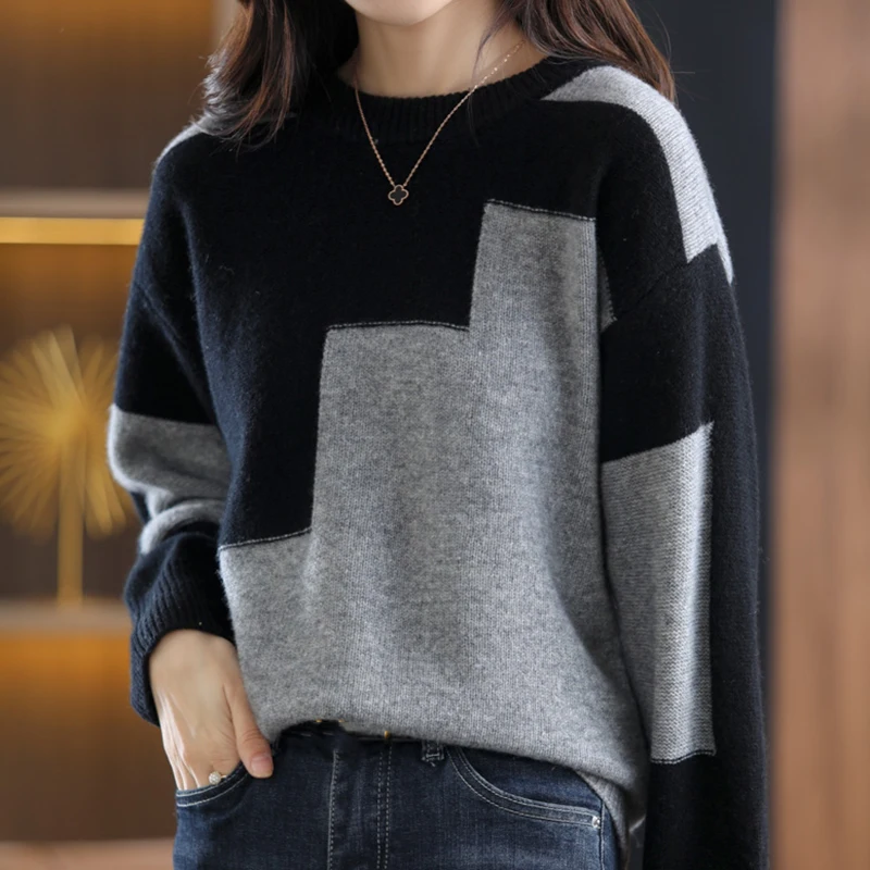 Women Patchwork Knit Warm Sweater Cashmere Long Sleeve Thermal Pullovers O-Neck Casual Loose Sweater Women Autumn Winter