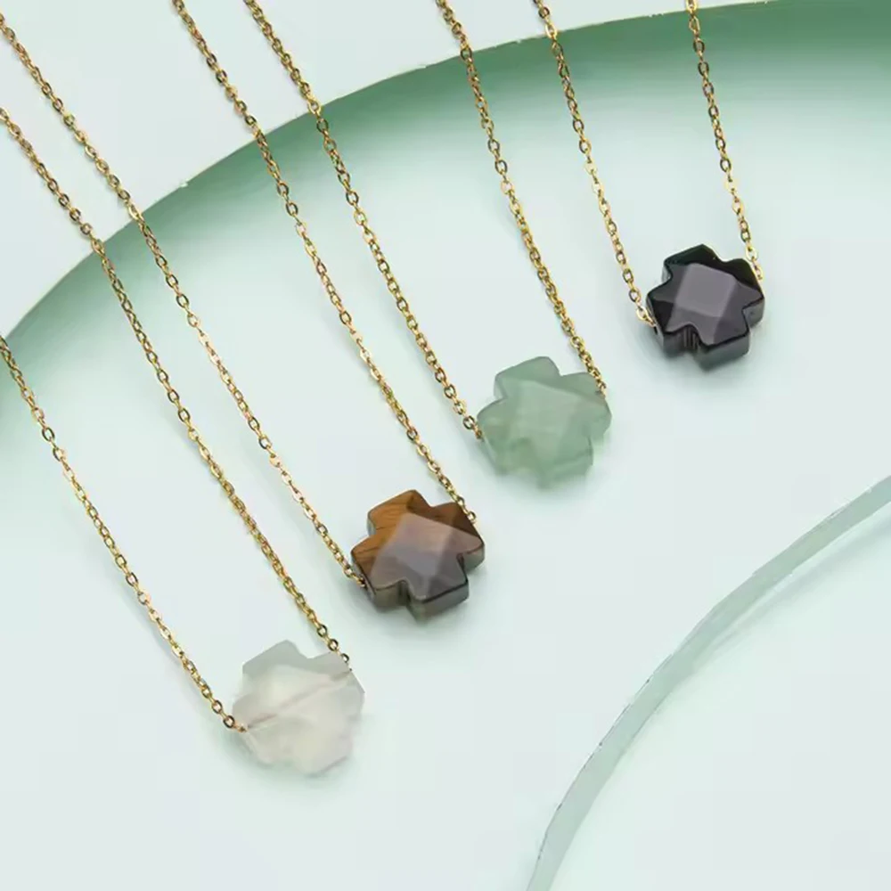 

natural crystal stone rose quartz Four Leaf Clover pendant necklace for women crystal Lucky Clover stainless steel necklace