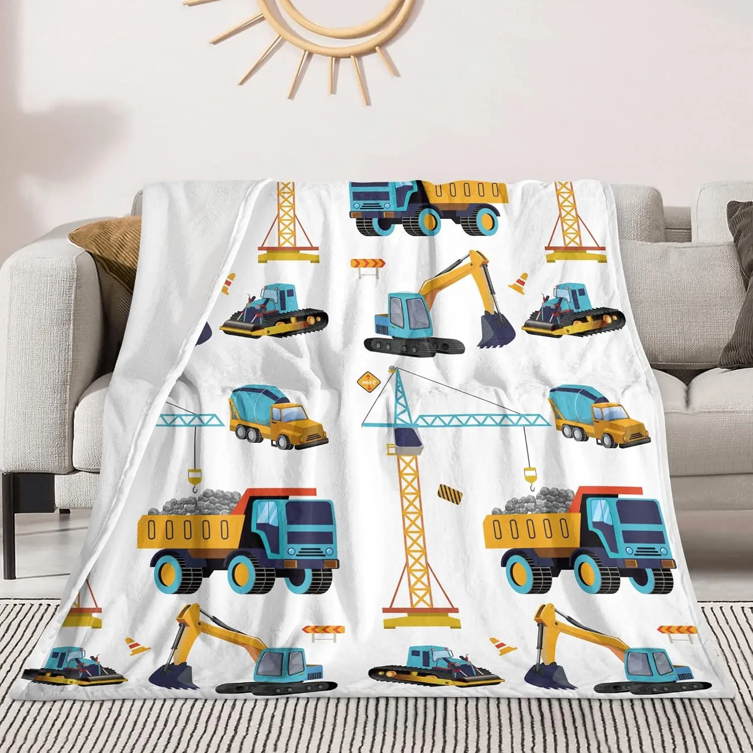 Cartoon Construction Vehicle Excavator Crane Truck Repeat Print Flannel Throw Blanket Soft Warm Cover Kids Sofa Bedroom Decor