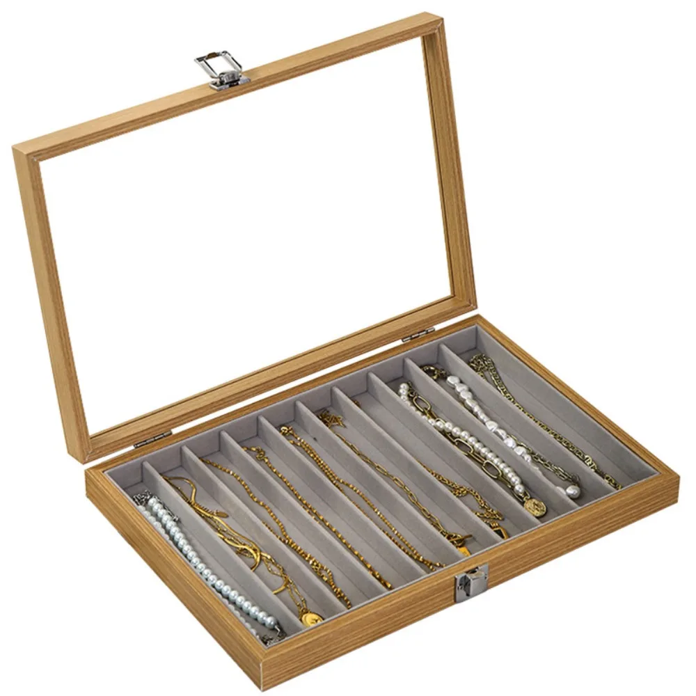 Velvet Fabric Jewelry Storage Tray Solid Color Glass Lid Pendant Display Case Large Capacity Dust Proof Long Necklace Box