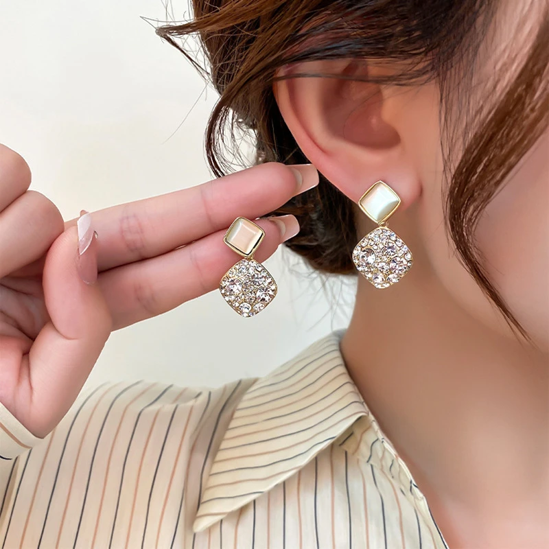 925 Silver Needle Korean Fashion Cat's Eye Stone Crystal Earrings For Women Jewelry 2026 Trending Luxury Square Drop Earrings