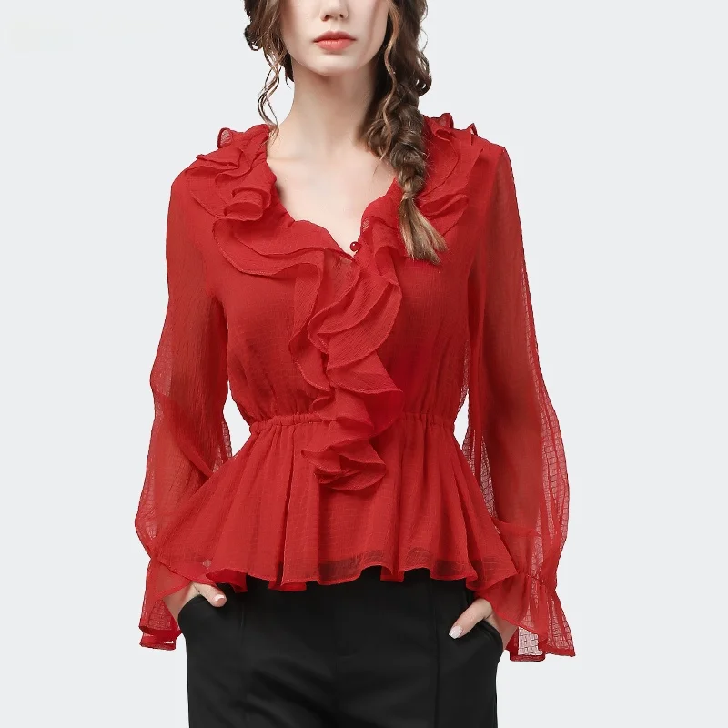 Faionable V-Ne Chiffon Top Women's Slimming Bell Sve irt Spring Autumn New Sle Ele Small irt Korean Sle St...