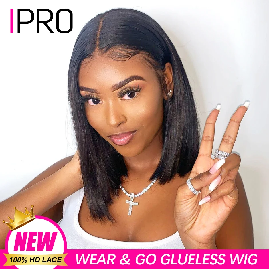 Wear Go Glueless Wig 180% Density Malaysian Straight Bob Wig  4x4 Lace Front Wig Glueless Pre Plucked Human Wigs Ready To Go