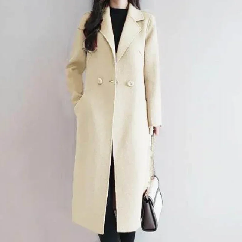 2024 Autumn Winter Women Retro Korean Style Loose Mid-Long Coat Jackets Lady Fashion Casual Outside Daily Thermal Woolen Coat