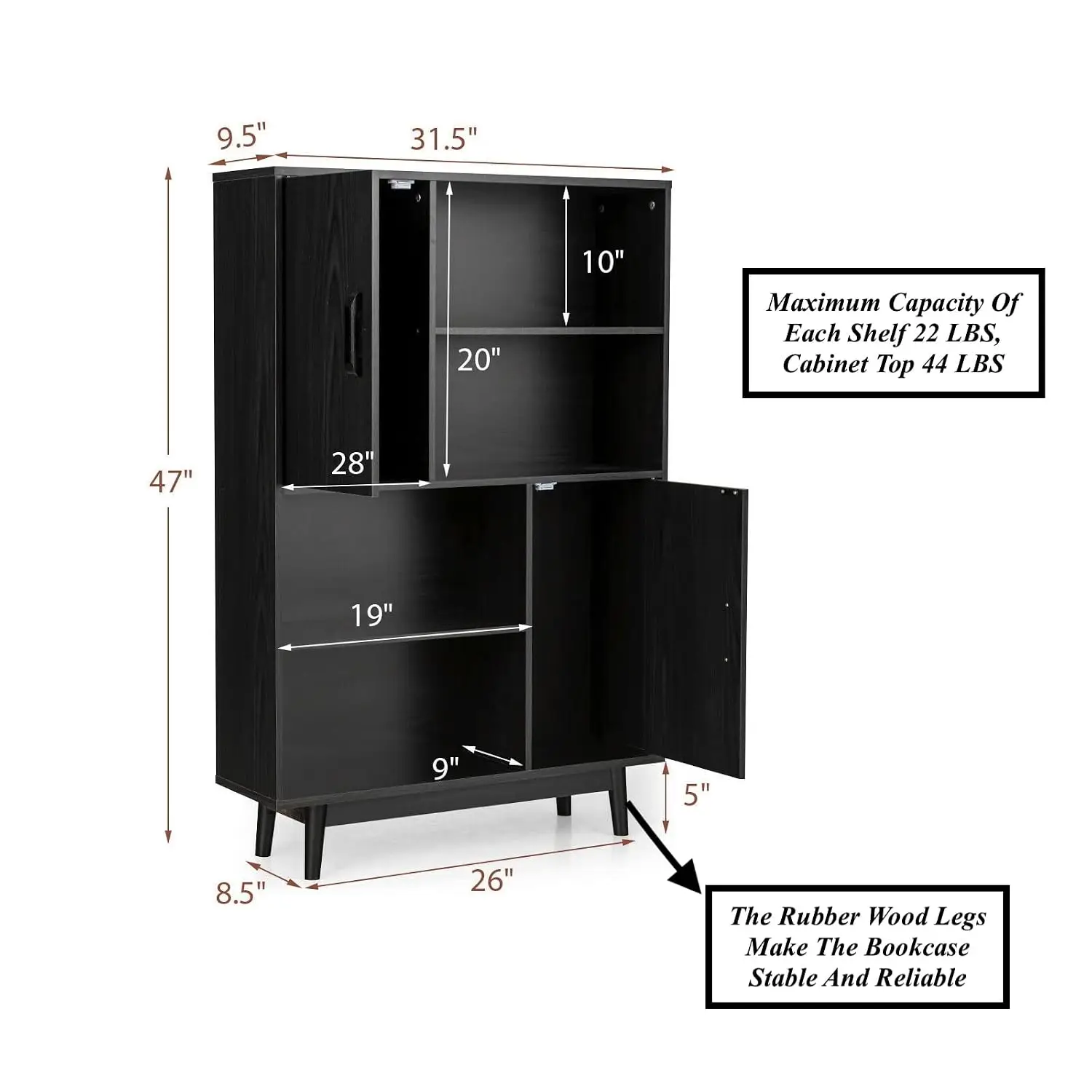 Black Storage Cabinet Sideboard with 2 Doors & 4 Open Shelves 31.5x9.5x47 Inch, Customized