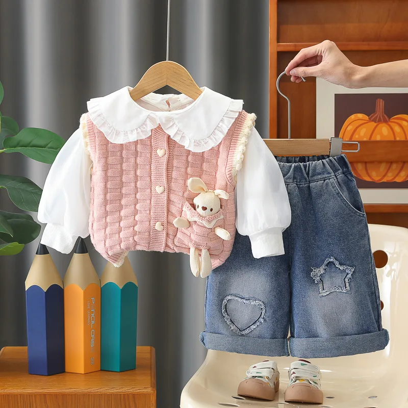 キッズスイートスプリングアウトフィット幼児女の子用うさぎ飾りニットベストフリルカラーブラウスジーンズ3点セットベビーガールファッション服
