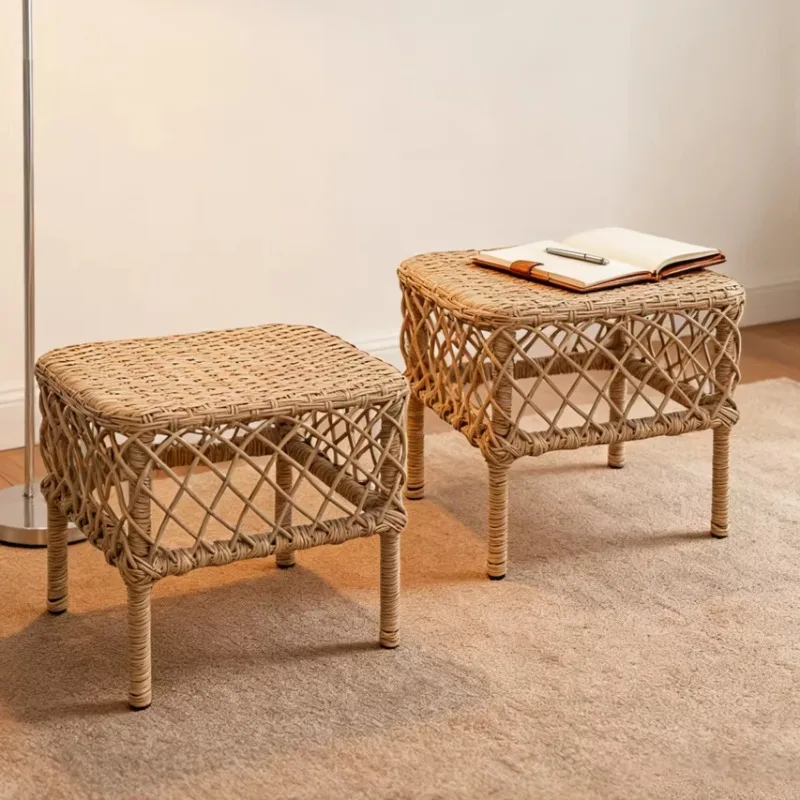 Rattan Stool Chinese Style Woven Wooden Foot Stool for Living Room Entryway, Handmade Solid Wood Low Stool Non-Slip Pads