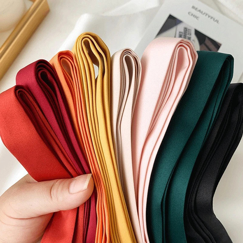 160cm Thin Narrow Solid Color Long Silk Scarf Women\'s Satin Tie Bag Floating Neck Shawl Ribbon Belt Small Scarves Accessories