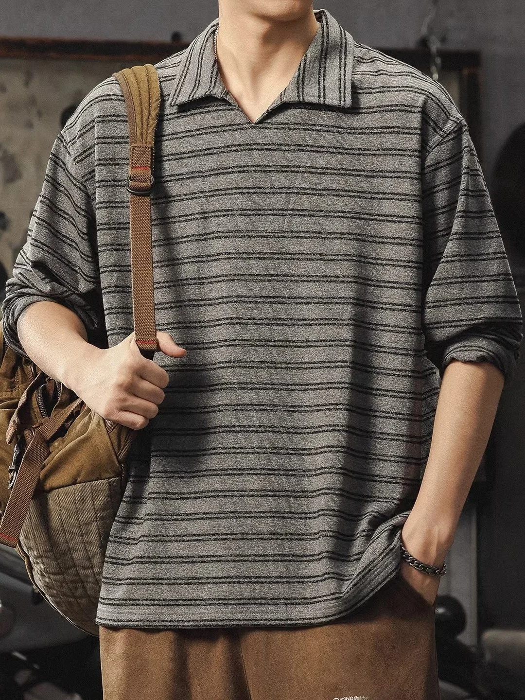 

Мужская футболка большого размера в японском ретро-стиле с полосками, длинным рукавом, для весны и осени, в стиле колор-блок, повседневная, Sea Soul