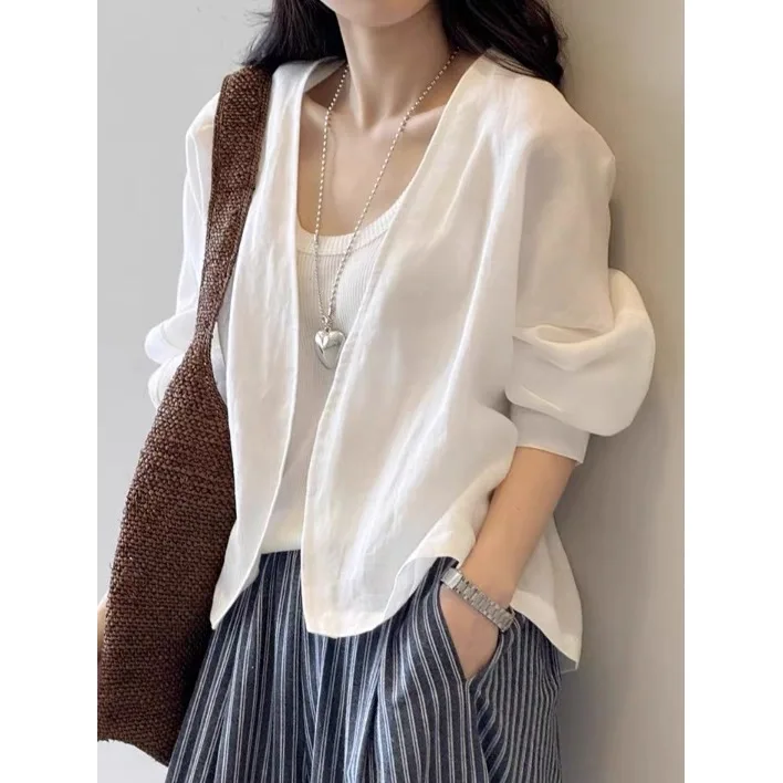Chaqueta Retro de lino blanco para mujer, cárdigan abierto artístico de manga larga, Top fino y suelto, ropa de protección solar