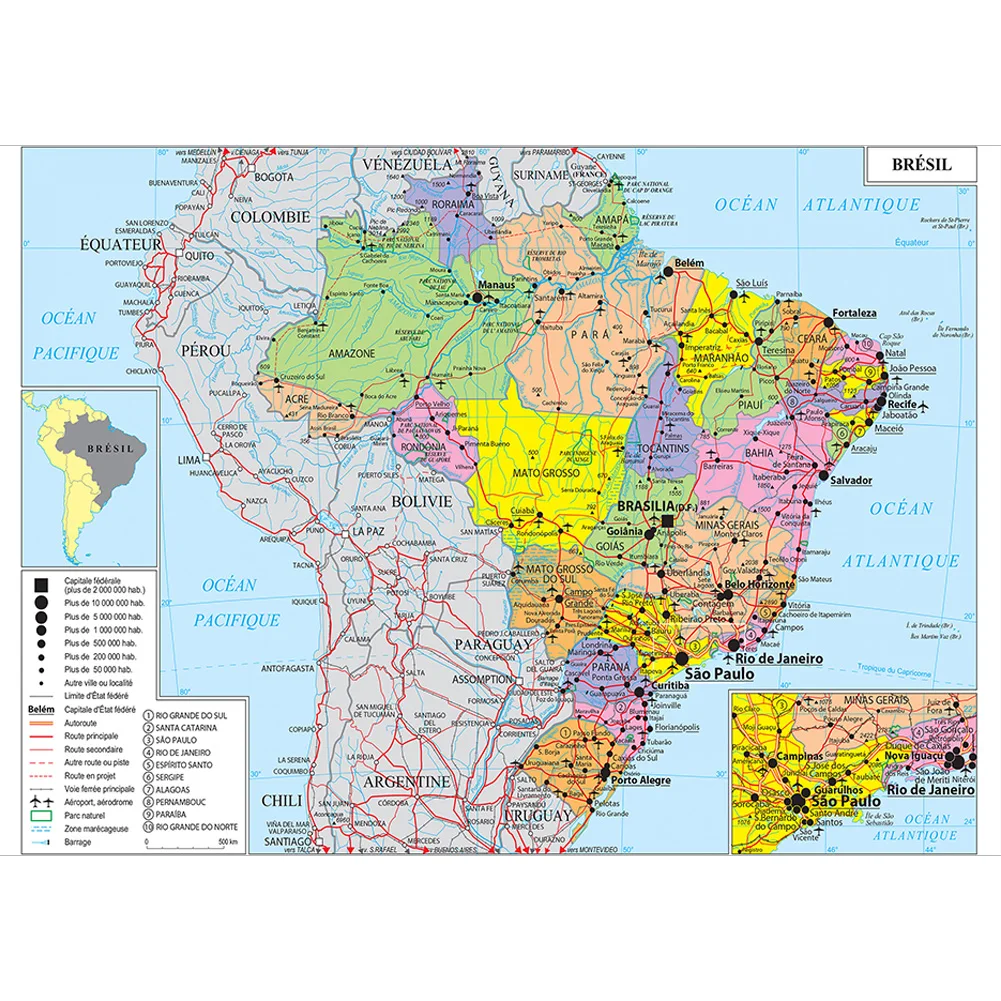 Mappa amministrativa del Brasile Poster da parete senza cornice Pittura su tela Aula Decorazione della casa Materiale scolastico per bambini