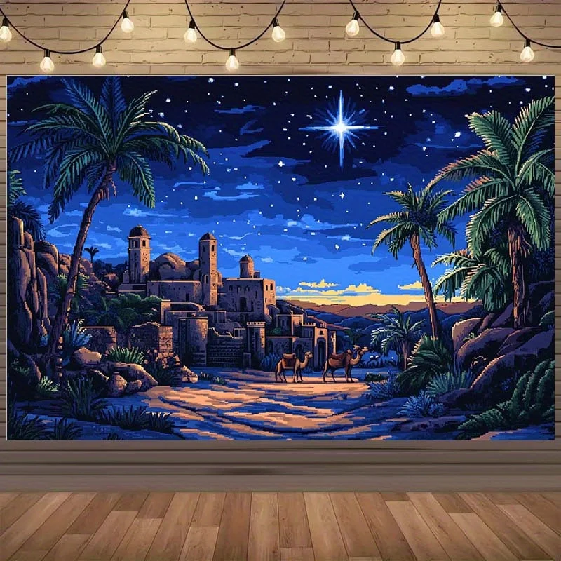 1, Sternenhimmel-Banner mit Weihnachtsnachtszene – Polyester-Hintergrundstoff, geeignet für Weihnachten, Geburtstage und Hochzeiten