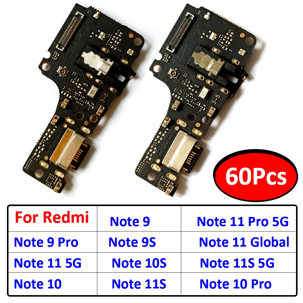 60Pcs，USB Port Charger Dock Plug Connector Charging Board Flex Cable Microphone Board For Redmi Note 9 9S 10 11 Pro 5G 10S 11S