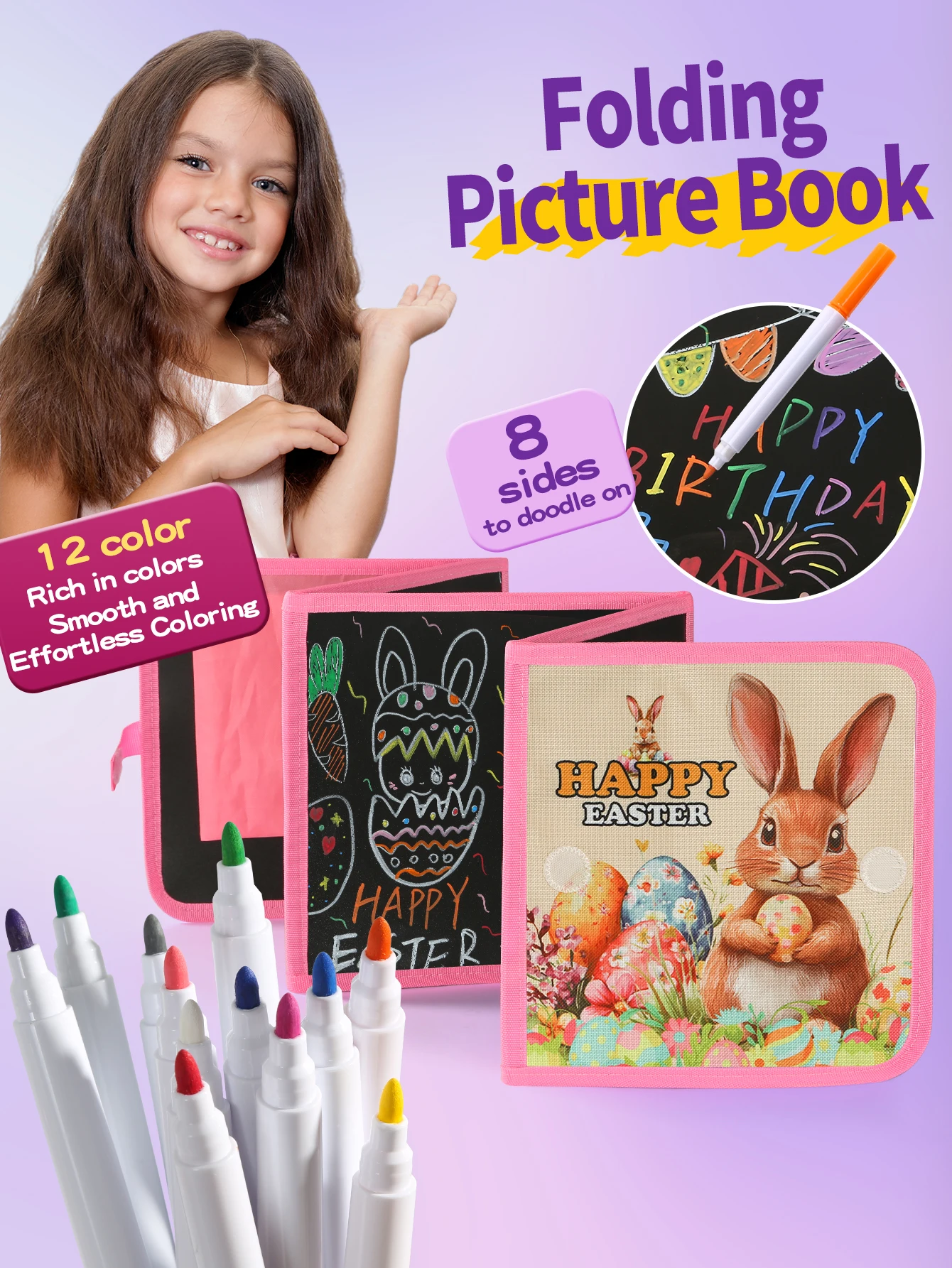 

Многоразовая складная доска-книга для рисования на Пасху с 12 акварельными ручками, развивающая игрушка для мальчиков и девочек