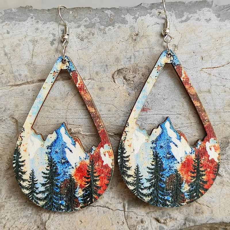 Vintage Art Painting Forest Earrings Color Hollow Bohemian Snow Mountains Landscape Painting Wood Impression Earrings Wholesale