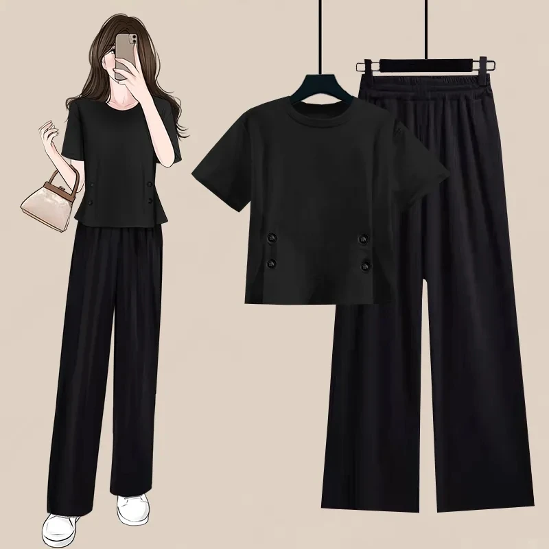 2024 Summer New Women Fashion Solid T Shirts Wide Leg Pants 1 or Two Piece Set Korean Student Casual White Tops Trousers Outfits