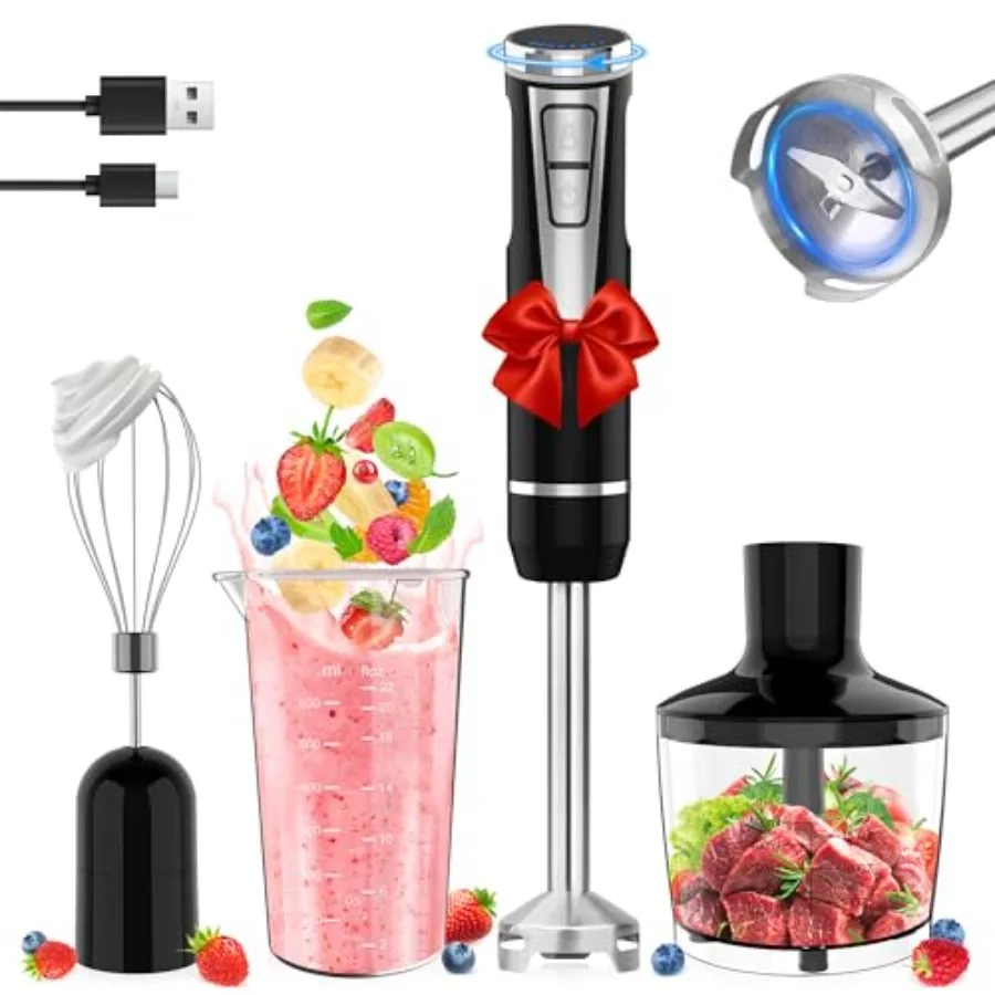 

Cordless Immersion Blender Handheld 4-in-1 USB Rechargeable Blending System with 500ml Chopper 600ml Beaker Egg Whisk 8 Speeds