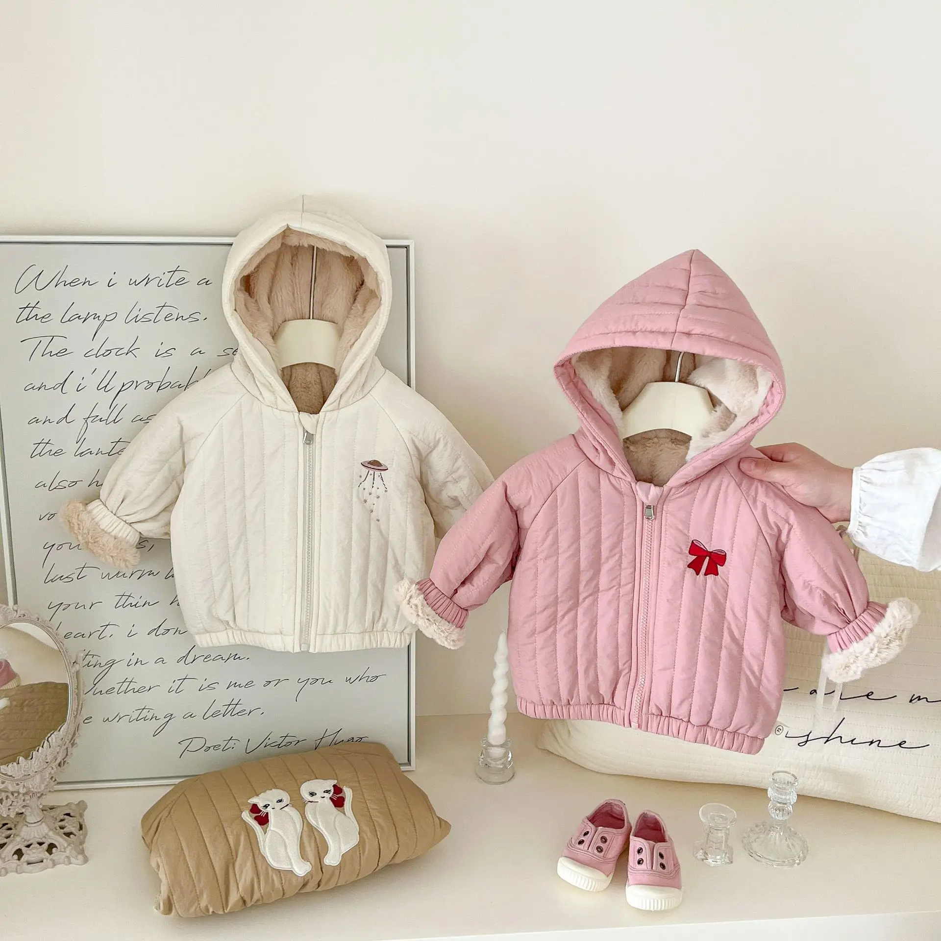 

Children's Cartoon Hooded Cotton Jacket 2025 Autumn Winter Girls' Thickened Warm Coats Korean Boys' Velvet Zipper Outerwear