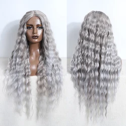 Synthetic Lace Front Curly Wigs For Women 30 inches Soft Deep Wavy Grey Color  Cosplay Wigs Heat Resistant