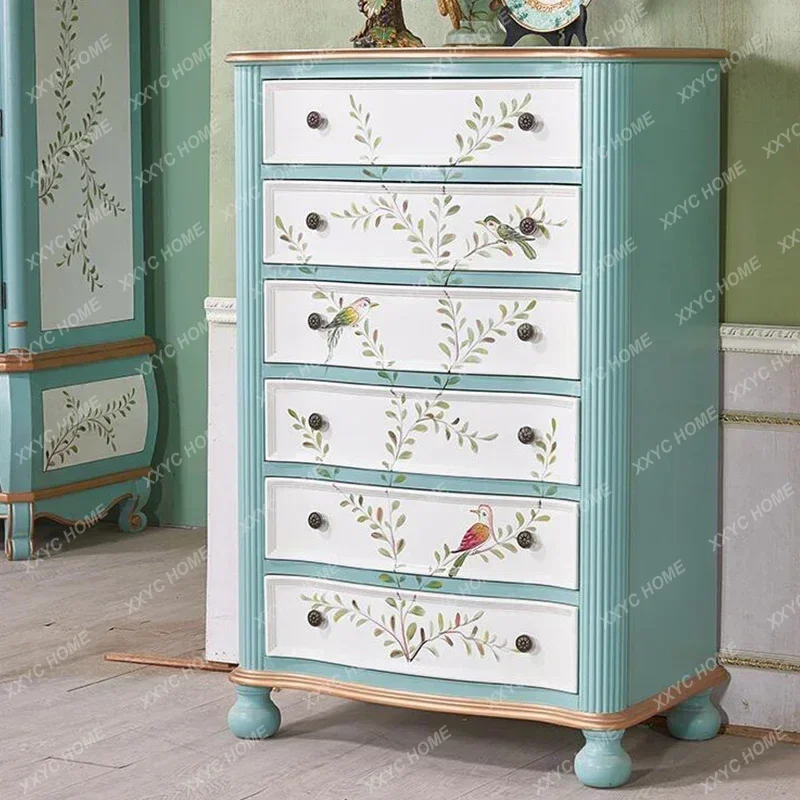 Y Solid Wood Chest of Drawers Living Room Cabinet Locker Painted Sideboard Cabinet European-Style Storage Chest of Drawer